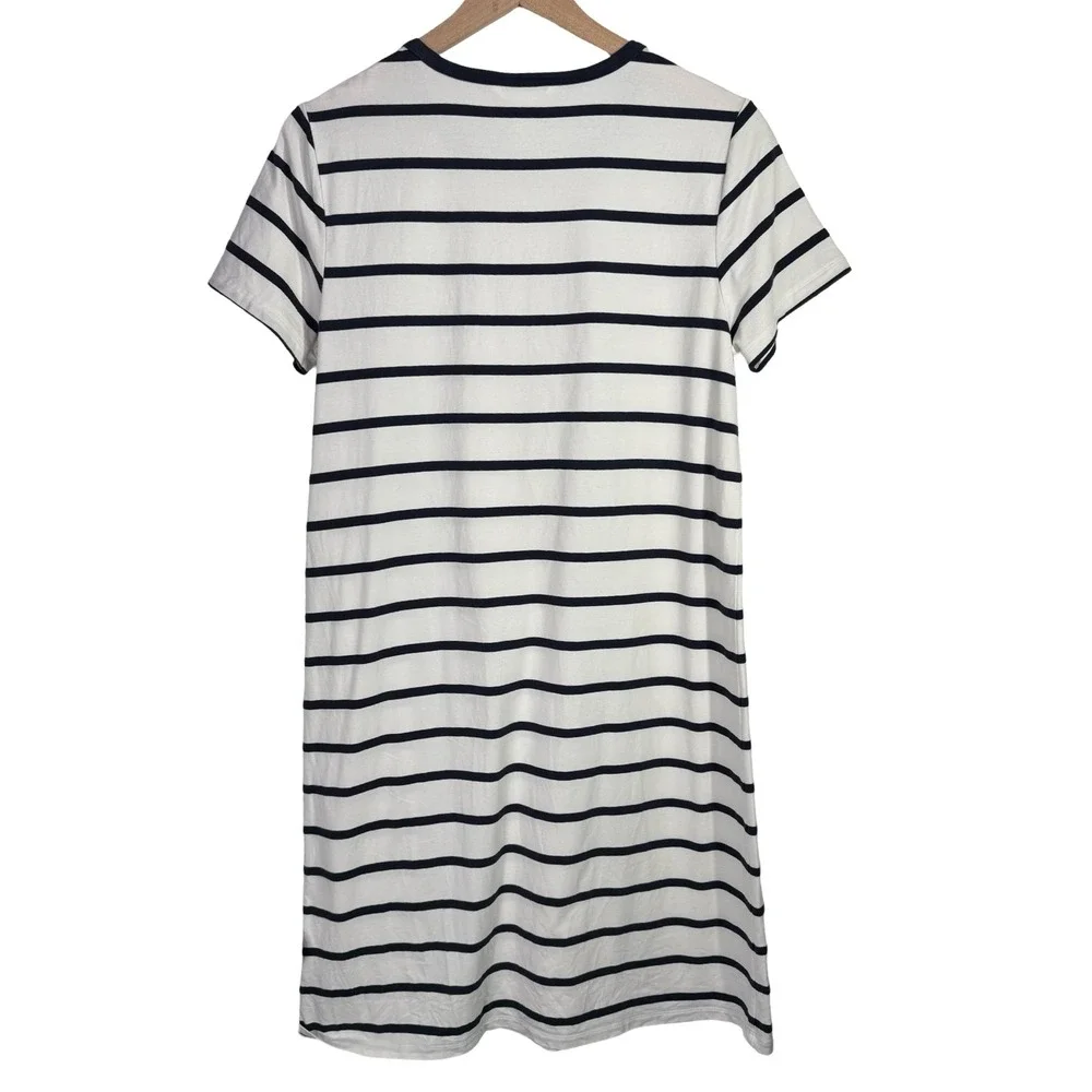 Athleta Womens Striped T-Shirt Dress Navy Blue White Short Sleeve Crew Neck M